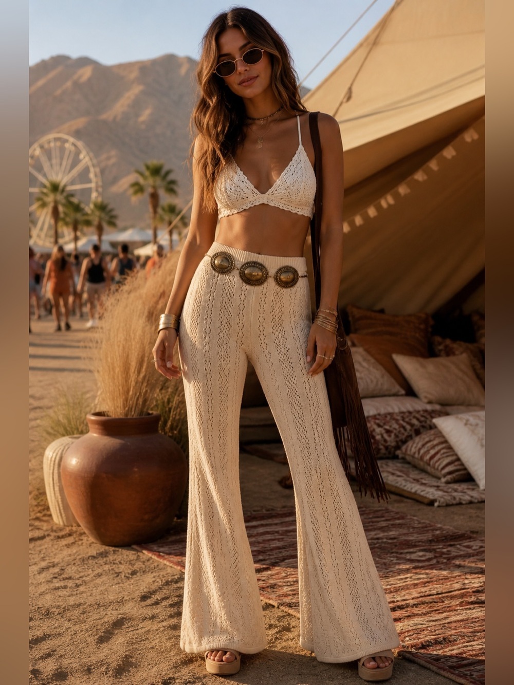 Saltwater Luxe Crochet Knit Flare Pants Small Cream Boho Festival Beach Wide Leg